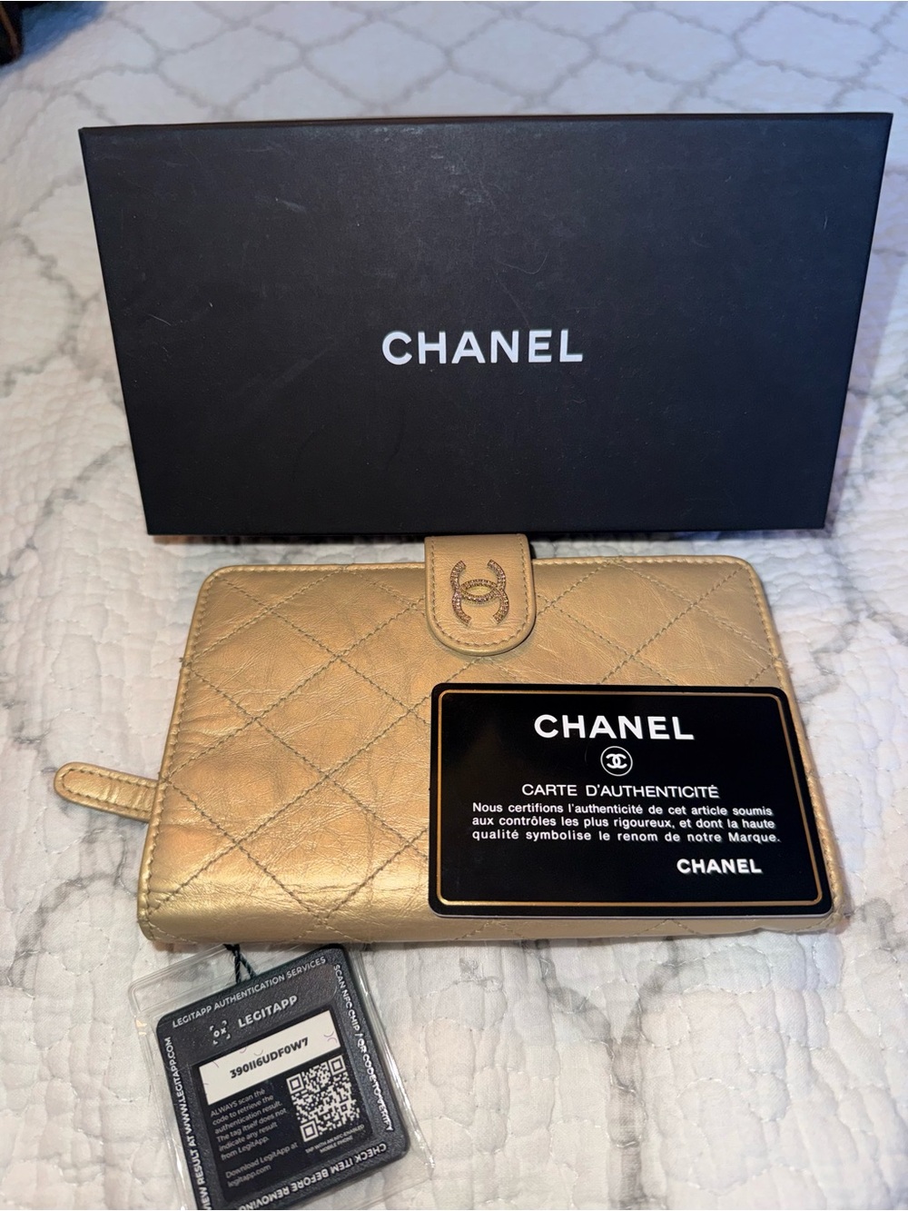 CHANEL Matelasse Compact Wallet Leather Metallic Gold CC Black Card